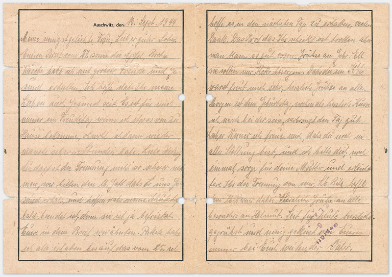 Vordruck Brief aus dem Konzentrationslager Auschwitz (Rückseite, in Handschrift, vermutlich Bleistift) Din A 4 Querformat