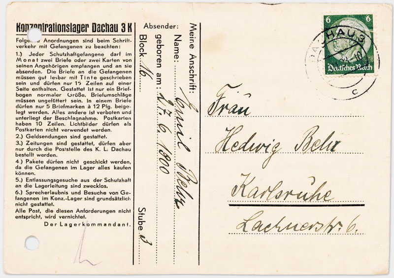 Vordruck Postkarte aus dem Konzentrationslager Dachau (Vorderseite)