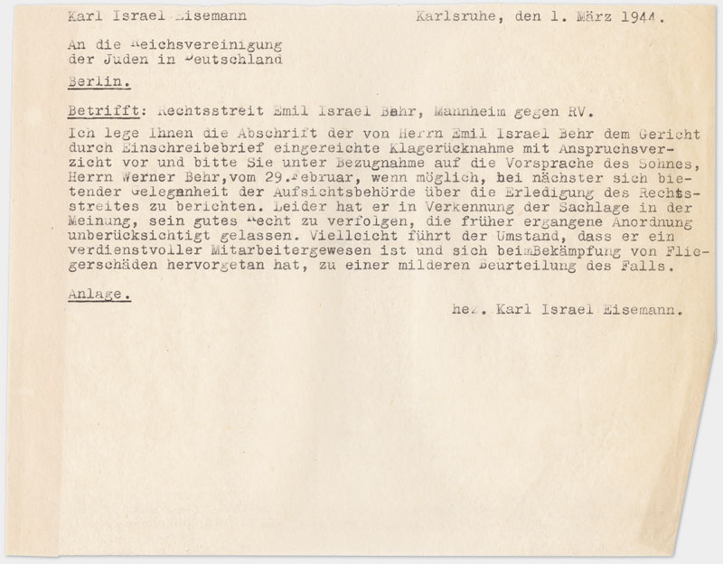Brief an die Reichsvereinigung, Din A 5 Querformat auf Schreibmaschine getippt, Durchschlag, sehr dünnes Papier