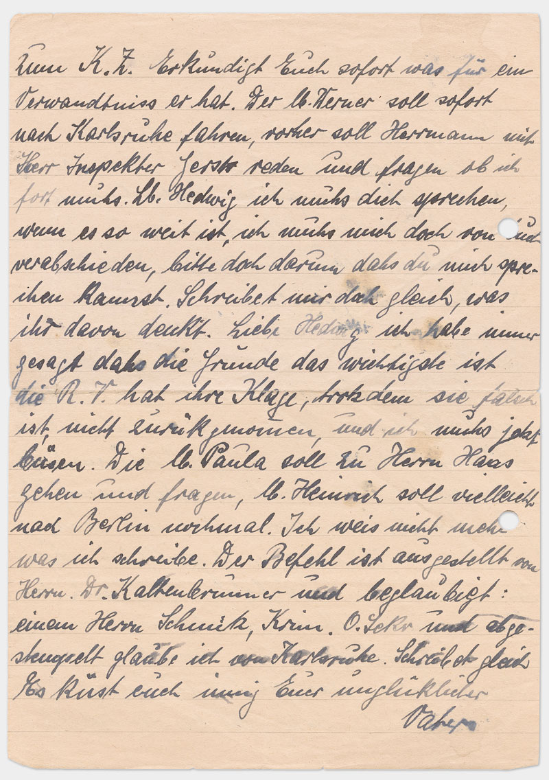 Seite 2 - handschriftlicher Brief, schwarze Tinte mit Flecken, rechts außen gelocht