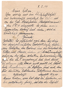 Handschriftlicher Brief an Hedwig und Werner Behr, in schwarzer Tinte mit Flecken, rechts außen gelocht