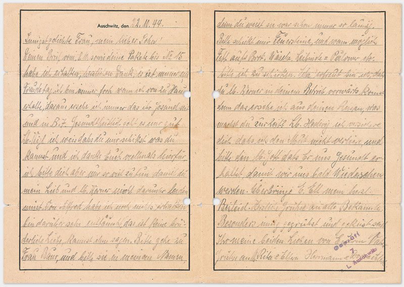 Vordruck Brief aus dem Konzentrationslager Auschwitz (Rückseite), Din A 4 Querformat