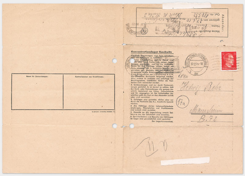 Vordruck Brief aus dem Konzentrationslager Auschwitz (Vorderseite), Din A 4 Querformat