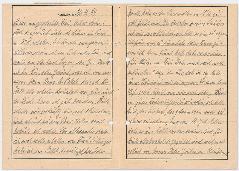 Vordruck Brief aus dem Konzentrationslager Auschwitz (Rückseite, in Handschrift, vermutlich Bleistift) Din A 4 Querformat