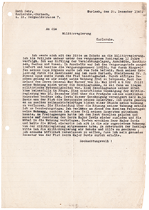 Brief an die Militärregierung Karlsruhe, auf Schreibmaschine getippt Din A4 eine Seite, liniertes Papier, schwarze Flecken an der Seite vermutlich von Schreibmaschinendurchschlag, zwei Mal gelocht links außen