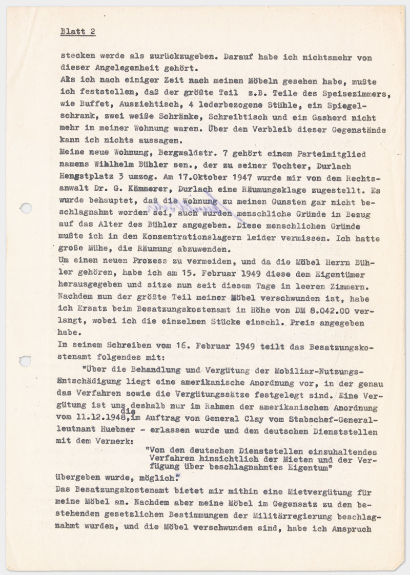 Seite 3 - Brief an den Militärgouverneur der Besatzungszone, auf Schreibmaschine getippt 4 Seiten Din A 4, links oben Abdruck von Klammer, Durchschlagspapier, sehr dünn