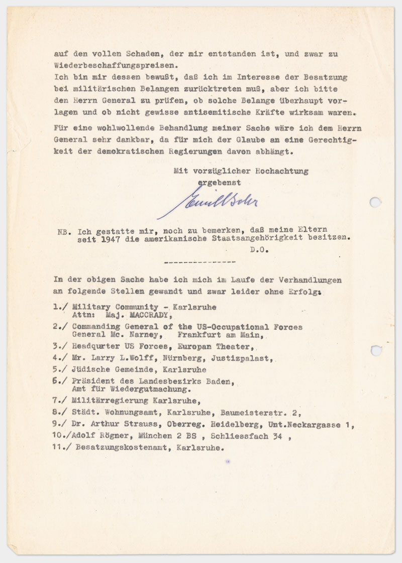 Seite 4 - Brief an den Militärgouverneur der Besatzungszone, auf Schreibmaschine getippt 4 Seiten Din A 4, links oben Abdruck von Klammer, Durchschlagspapier, sehr dünn