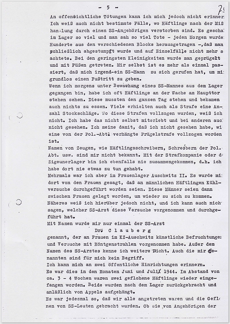 Seite 5 – Vernehmungsniederschrift Emil Behr, auf Schreibmaschine getippt