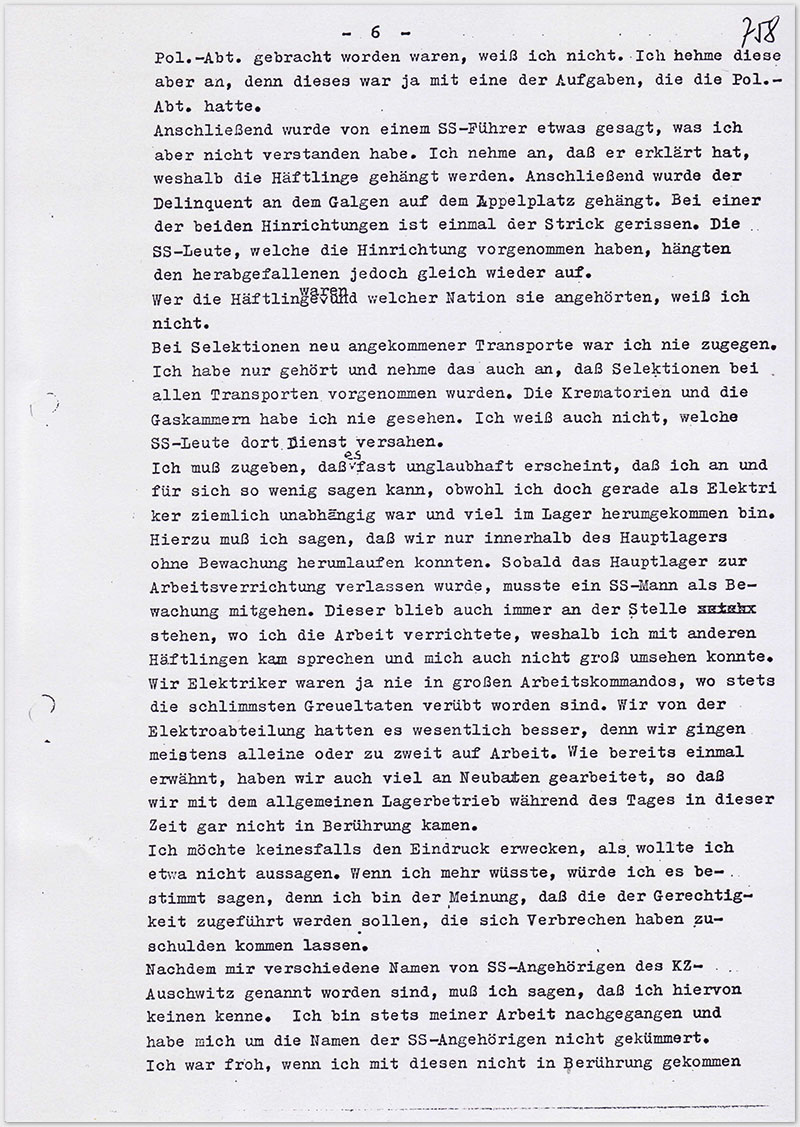 Seite 6 – Vernehmungsniederschrift Emil Behr, auf Schreibmaschine getippt